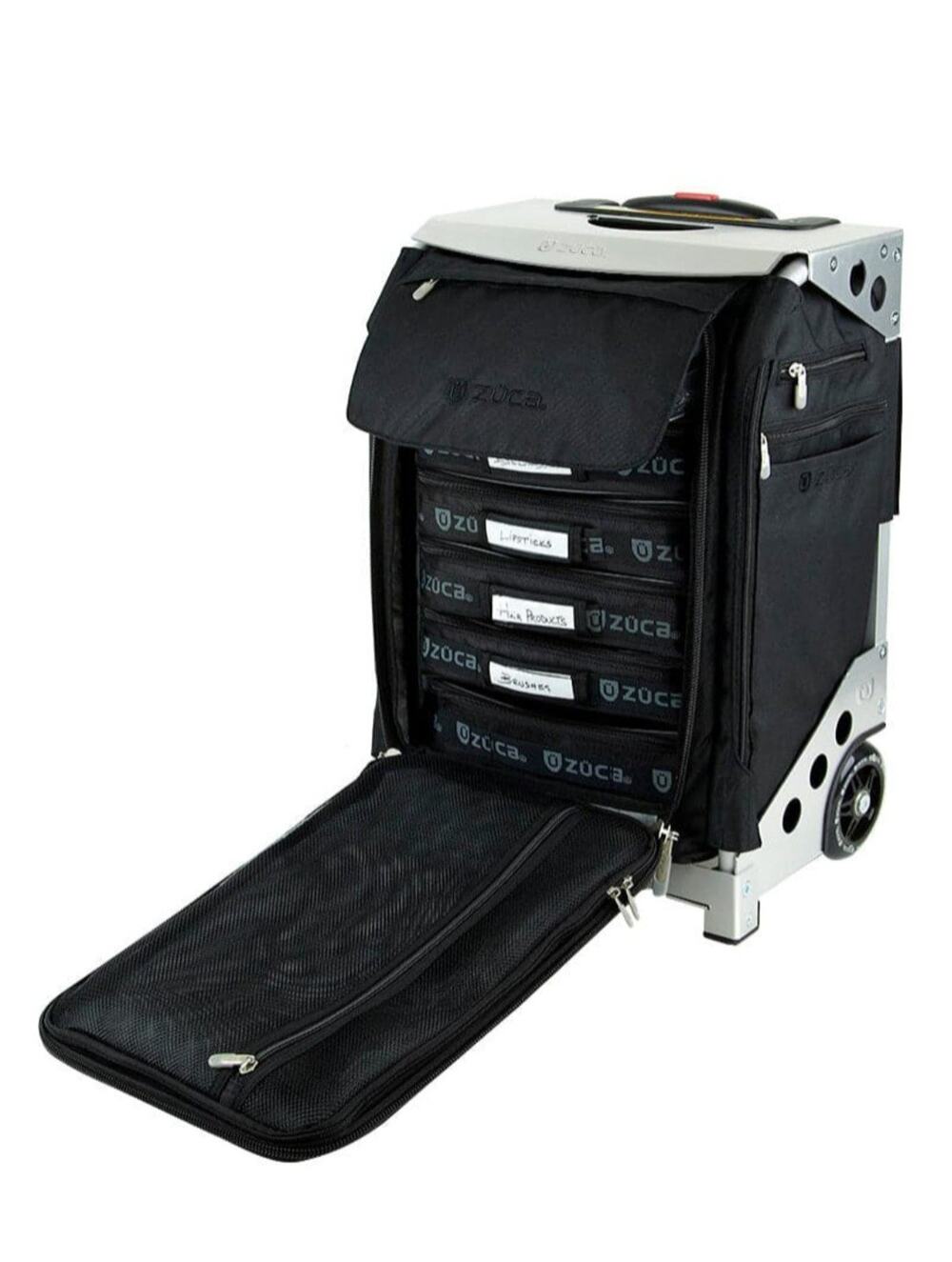 Zuca Flyer Artist Black Rolling Carry On Make Up Suitcase w 5 Pouches and Cover